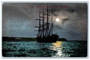 Puget Sound Washington WA Postcard Big Ships Moon Scenic View c1920s Antique