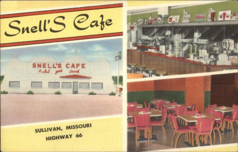 Route 66 Sullivan MO Snell's Caf‚ Roadside Linen Postcard