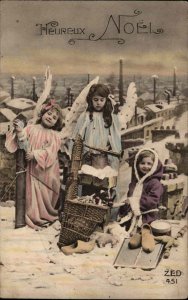 France Christmas Sad Little Girl Angels in Snow Live Action Vintage Postcard