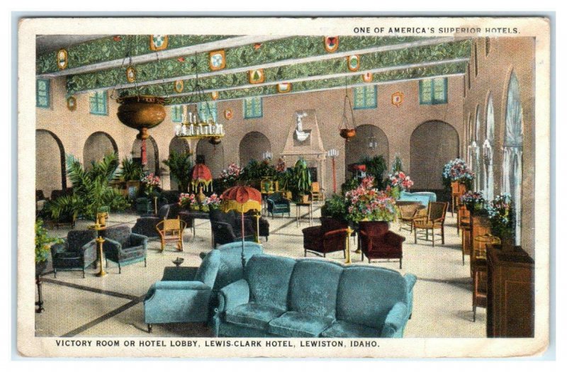 LEWISTON, Idaho ID ~ Victory Room Lobby LEWIS CLARK HOTEL ca 1920s Postcard