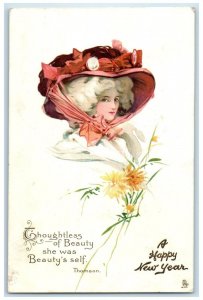 1913 New Year Pretty Woman Big Hat Flowers Embossed Elizabeth NJ Tuck's Postcard