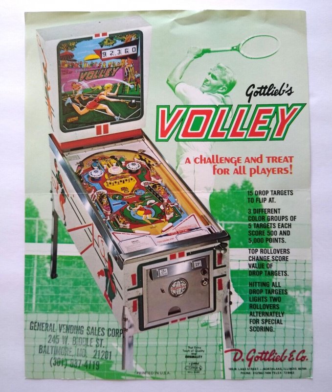 Volley Pinball Flyer 1977 Original Flipper Game Art Tennis Retro 8.5