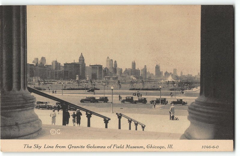 Chicago Skyline from Granite Columns of Field Museum - 1933 World Fair Postcard