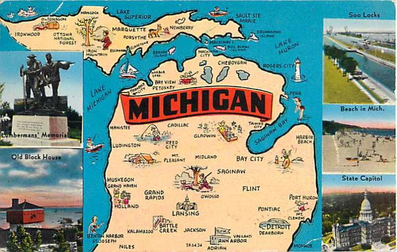 Michigan MI Map Card 1953