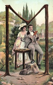 Vintage Postcard Lovers Couple on Photo Booth Sweet Romance at the Park