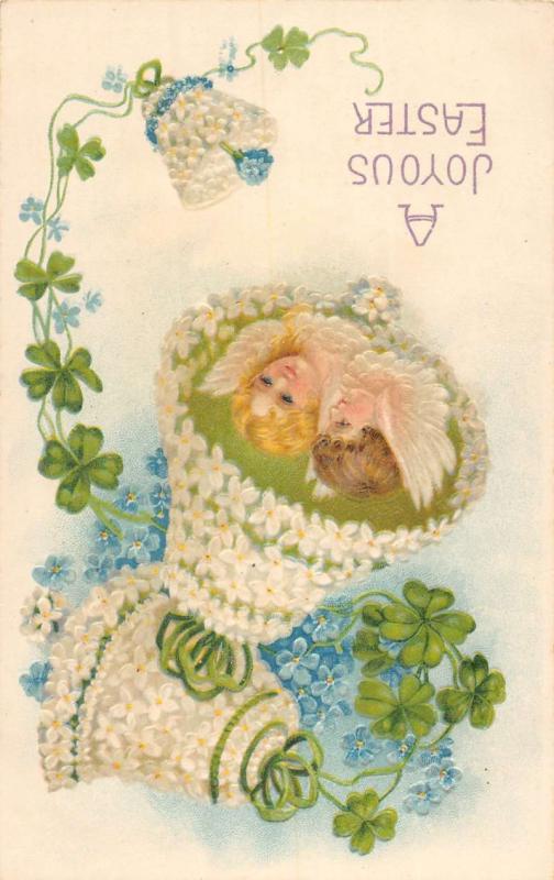 Joyous Easter Angel Children Heads Flower Bell Antique Postcard K41034