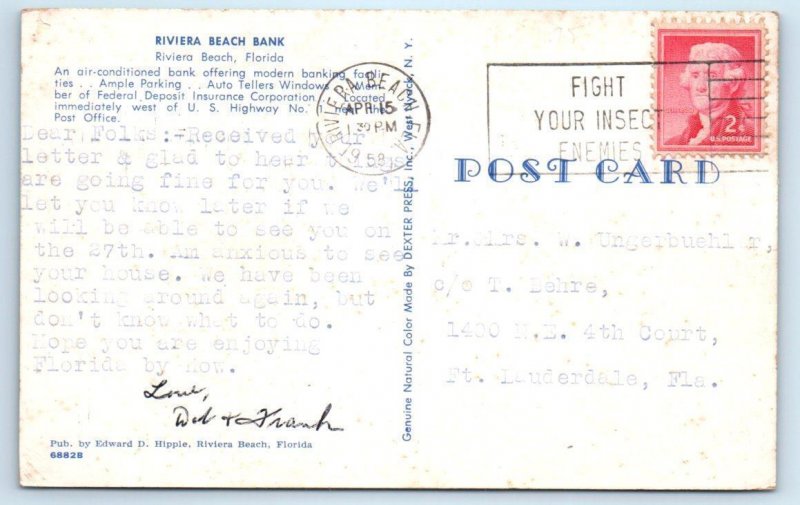 RIVIERA BEACH, Florida FL ~ RIVIERA BEACH BANK 1958 Palm Beach  County Postcard