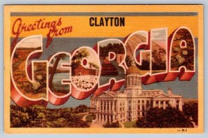 Greetings From Clayton Georgia, Vintage Linen Large Letter Multiview Postcard