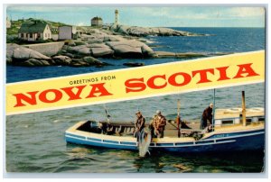 1967 Greetings from Nova Scotia Canada Motorboat Big Fish Caught Postcard