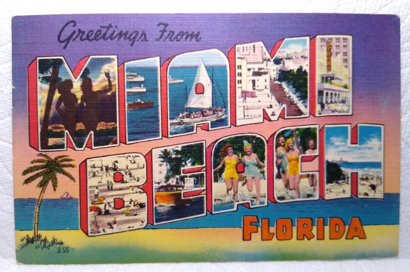 Greetings From Miami Beach Florida Large Letter Linen Postcard 1950 Palms Boats
