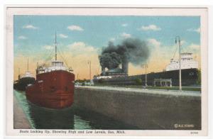 Steamers Great Lakes Ship Locking Up Soo Michigan linen postcard