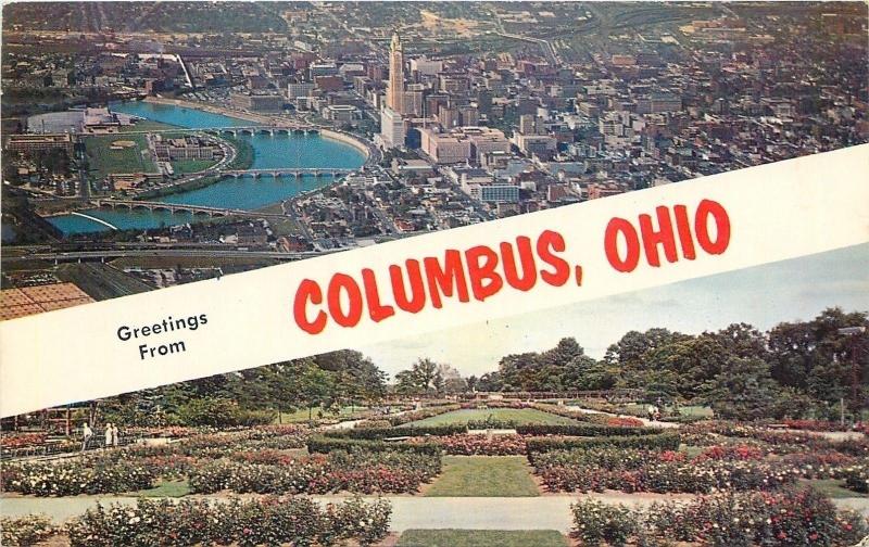 Columbus Ohio~Banner Greetings~Aerial View of City~Park of Roses 1950 