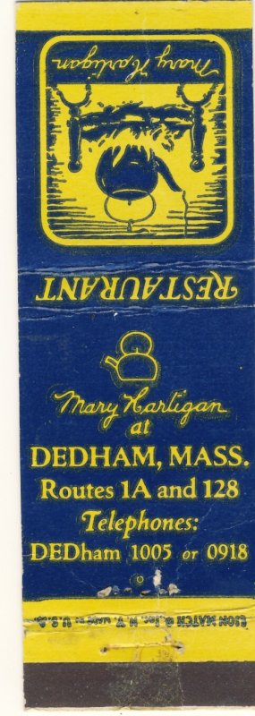 Dedham, Massachusetts/MA Match Cover, Mary Harligan Restaurant