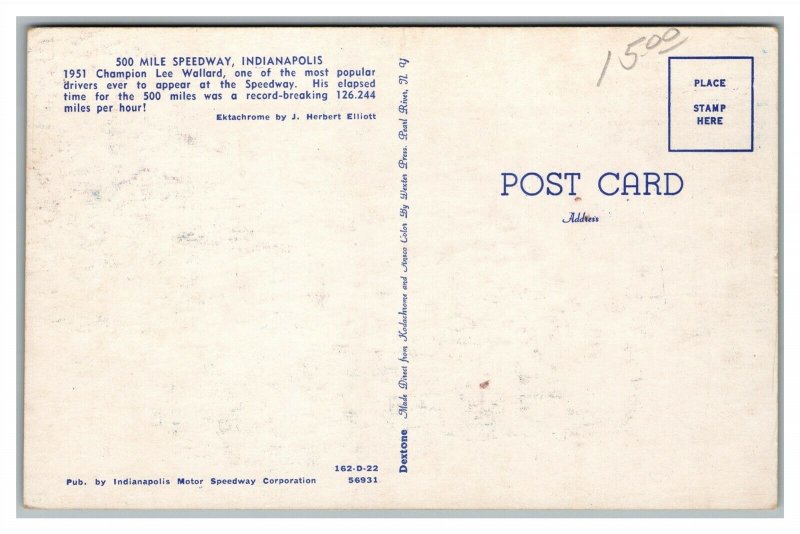 Postcard 1951 Indianapolis 500 Motor Speedway Race Winner Lee Wallard Car I27