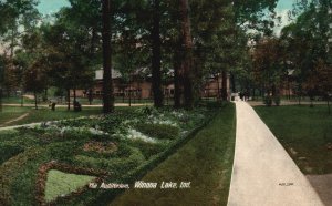 Vintage Postcard The Auditorium Flower Landscape Pathway Winona Lake Indiana IN