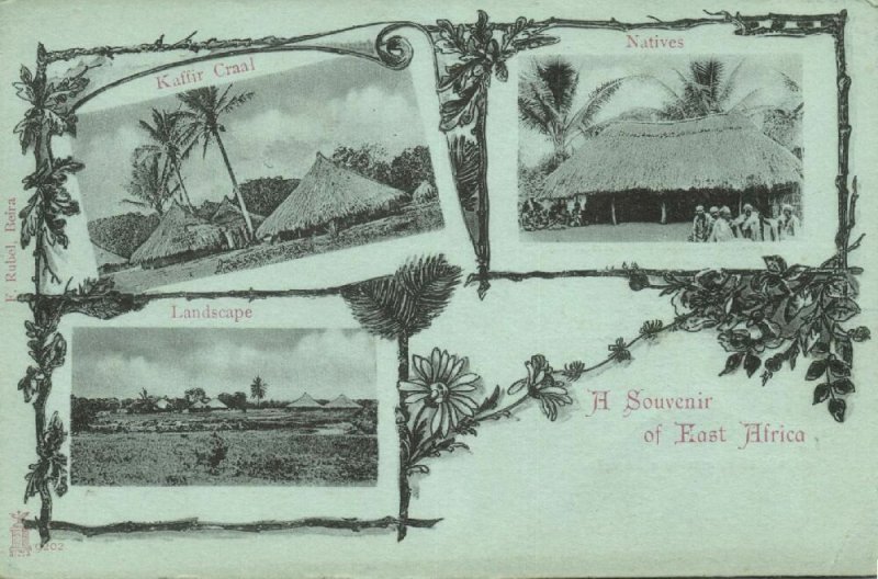 east africa MOZAMBIQUE Natives with Kaffir Craal Panorama 1899