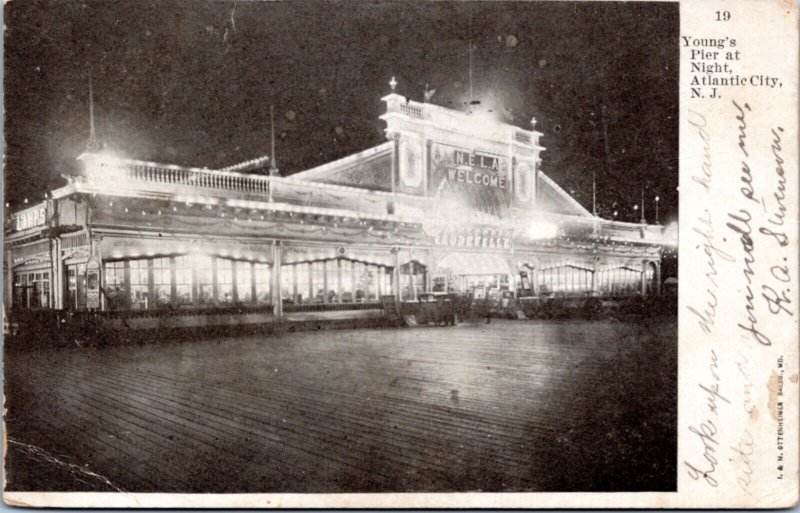 Postcard NJ Atlantic City - Young's Pier at Night