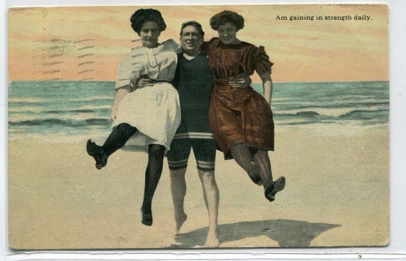 Beach Bathing Beauties Man Gaining In Strength Atlantic City NJ 1912 postcard
