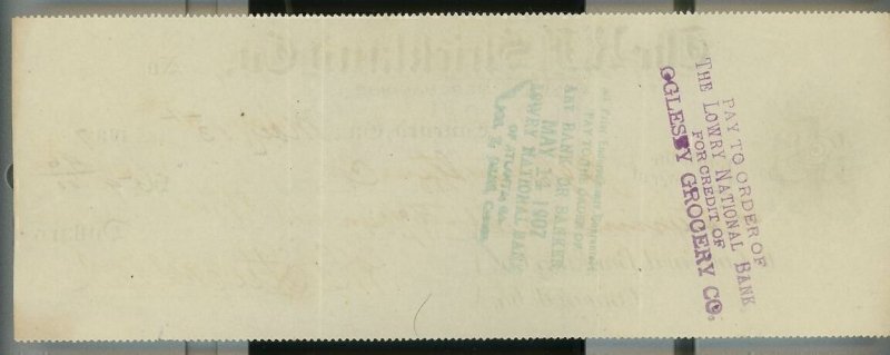 1907 R.F. Strickland Co. Concord Ga Check $59.96 Oglesby Grocery Co   A6