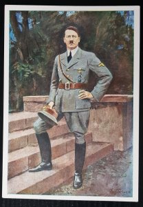THIRD REICH NSDAP ORIGINAL COLOUR PROPAGANDA ARTIST PAINTING POSTCARD HITLER