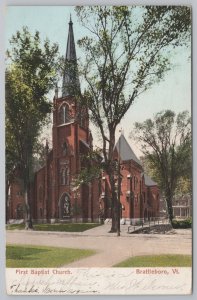 Brattleboro Vermont~First Baptist Church~PM 1907~Polychrome~Vintage Postcard