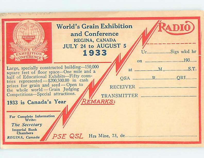 1933 postcard QSL CARD - WORLD GRAIN CONFERENCE Regina Saskatchewan SK HM4586