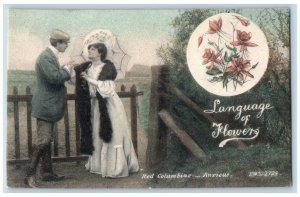 Language Of Flowers Postcard Couple Romance Red Columbine Anxious c1910's Posted