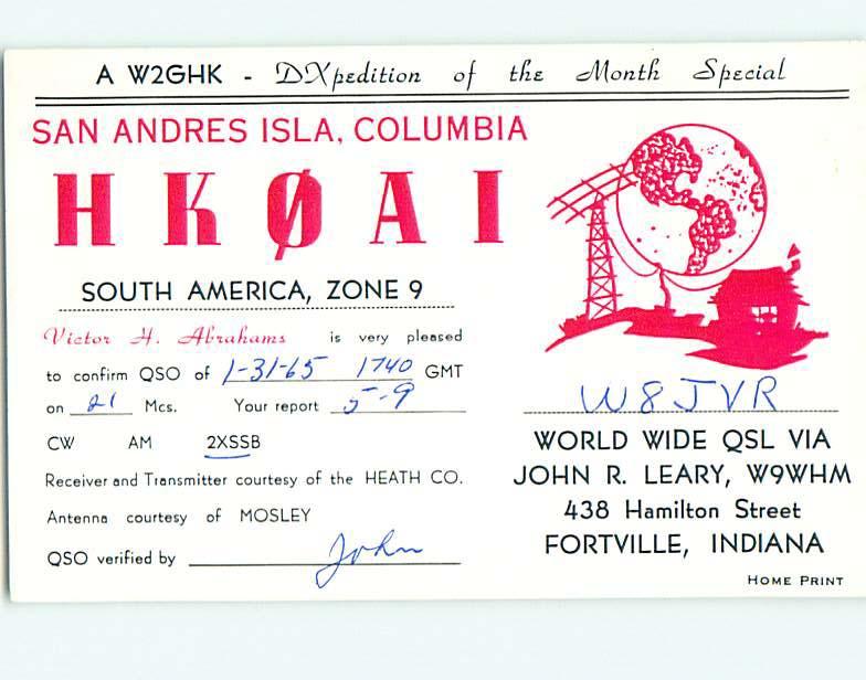 1965 vintage QSL CB HAM RADIO CARD San Andres Isla Island - COLUMBIA s0390