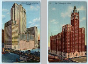 2 Postcards CHICAGO, Illinois IL ~ Furniture Mart CIVIC OPERA Buildings c1940s