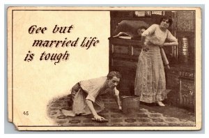Vintage 1912 Comic Postcard - Man Scrubbing Floors Wife Watches with Clothespin
