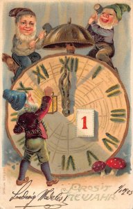 New Year Greetings 1905 Dwarf Midnight Clock Mushroom embossed postcard B992