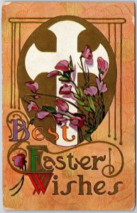 1910's Best Easter Wishes Cucifix Flowers Egg Embossed Greetings Posted Postcard