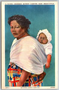 Vtg Native American Cherokee Indian Mother Carrying Baby North Carolina Postcard