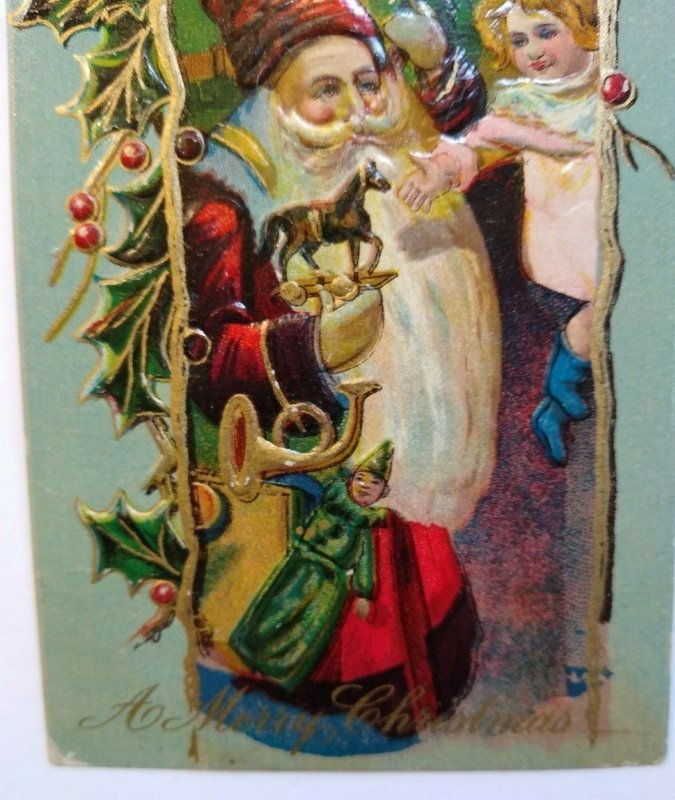 Vintage Santa Claus Christmas Postcard Embossed Gel Old World Long Beard Unused 