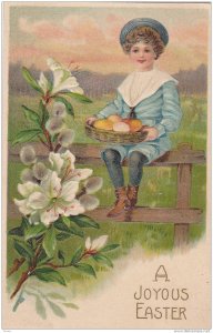 A Joyful Easter, Boy sitting on fence holding basket of eggs, flowers, PU-1908