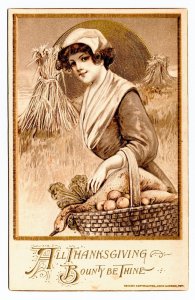 Rare Golden Series Vintage Winsch Schmucker Girl & Basket Thanksgiving Postcard