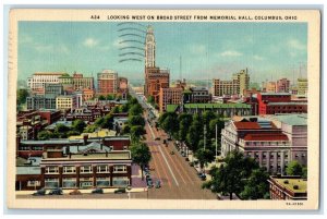 1938 Looking West Broad Street memorial Hall Exterior Columbus Ohio OH Postcard