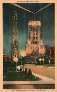 Vintage Postcard 1941 Historic Water Works & Palmolive Building Night Chicago IL