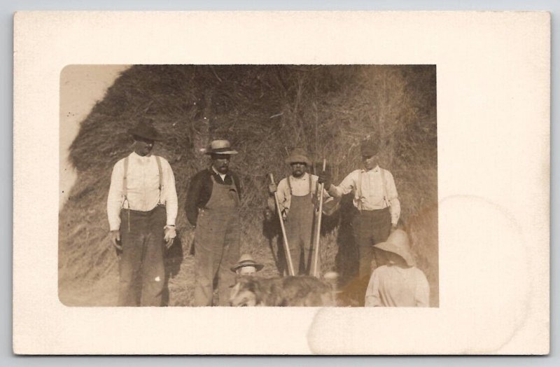 RPPC Farmers Overalls Hay Harvest Dog Boys c1910 Real Photo Postcard S30