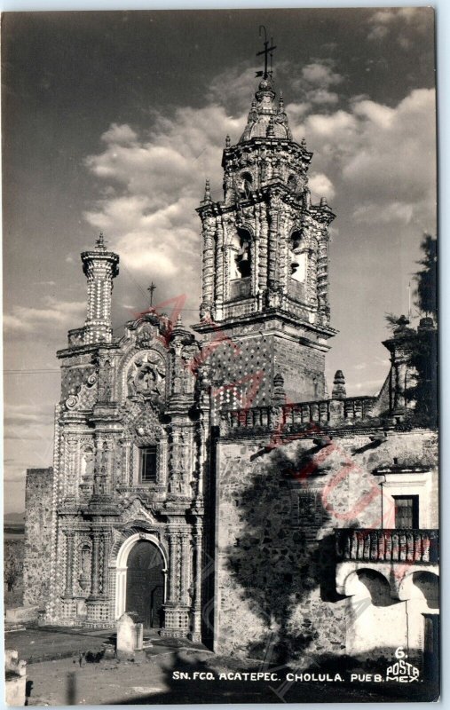 c1940s San Andrés Cholula, Mexico SHARP RPPC Church San Francisco Acatepec A163