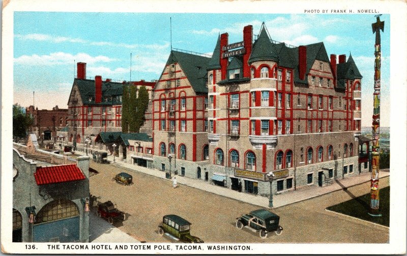 VINTAGE POSTCARD THE TACOMA HOTEL AND TOTEM POLE STREET SCENE BUGGIES c. 1920