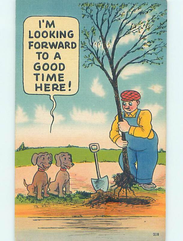 Linen comic DOGS LOOK FORWARD TO PEEING ON NEWLY PLANTED TREE HJ2039