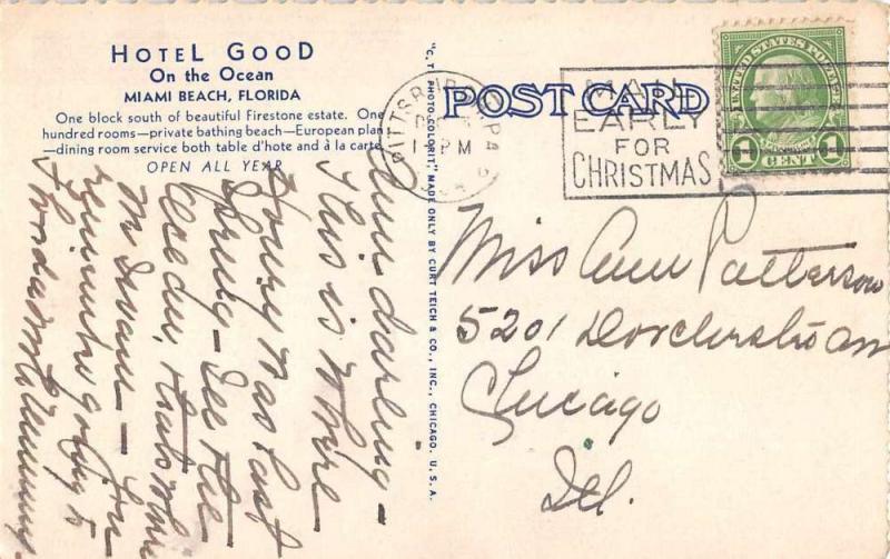 Miami Florida Hotel Good Art Deco Linen Antique Postcard J51322