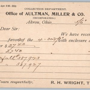 1895 Akron, OH Aultman Miller Invoice Receipt Jefferson Postal Card Red Oak A194