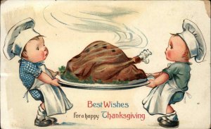 Thanksgiving Adorable Children Chefs With Cooked Turkey c1910 Postcard 