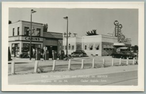 CEDAR RAPIDS IA GAS STATION & TWIN TOWERS CAFE VINTAGE REAL PHOTO POSTCARD RPPC