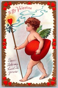 K48/ Valentine's Day Love Holiday Postcard c1910 Cupid Heart Gold 163