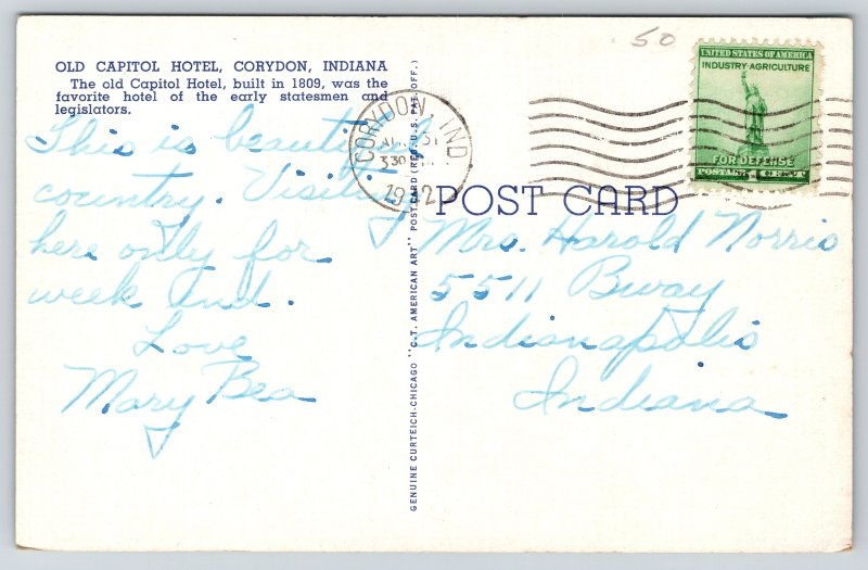 Corydon Indiana~Old Capitol Hotel~Built 1809~Stone Structure~1942 Linen Postcard