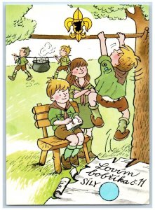 Czech Republic Postcard Boys Scout Climbing Tree Lovim Bobrika Sily Vintage