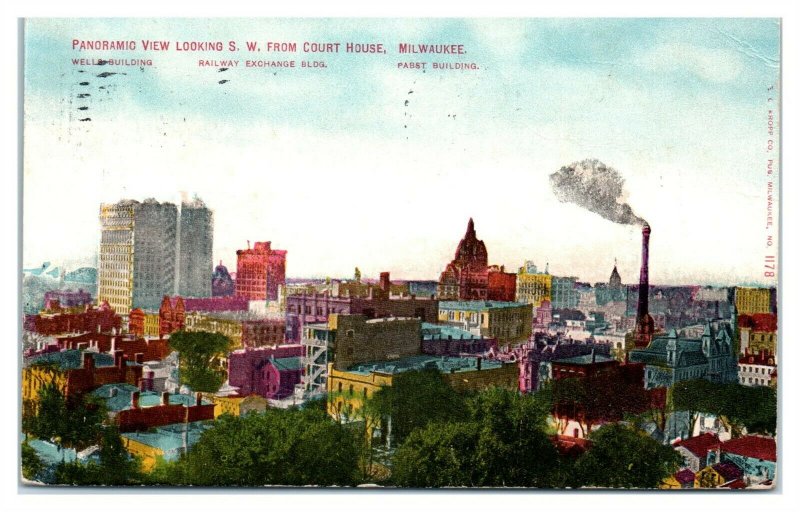 Panoramic View looking SW from Court House, Milwaukee, WI Postcard 6E(2)3